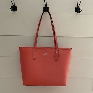 Coral Coach Crossgrain Leather City ZIP Tote